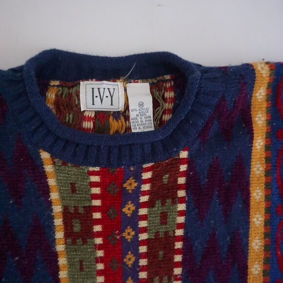 Vintage IVY Multi-Colour Pattern Knit Sweater Geometric Stripe Eclectic Coogie M - Picture 9 of 9